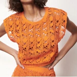 Zara Women's Orange Crochet Knit Tank Top Size S Boho-Chic Sleeveless